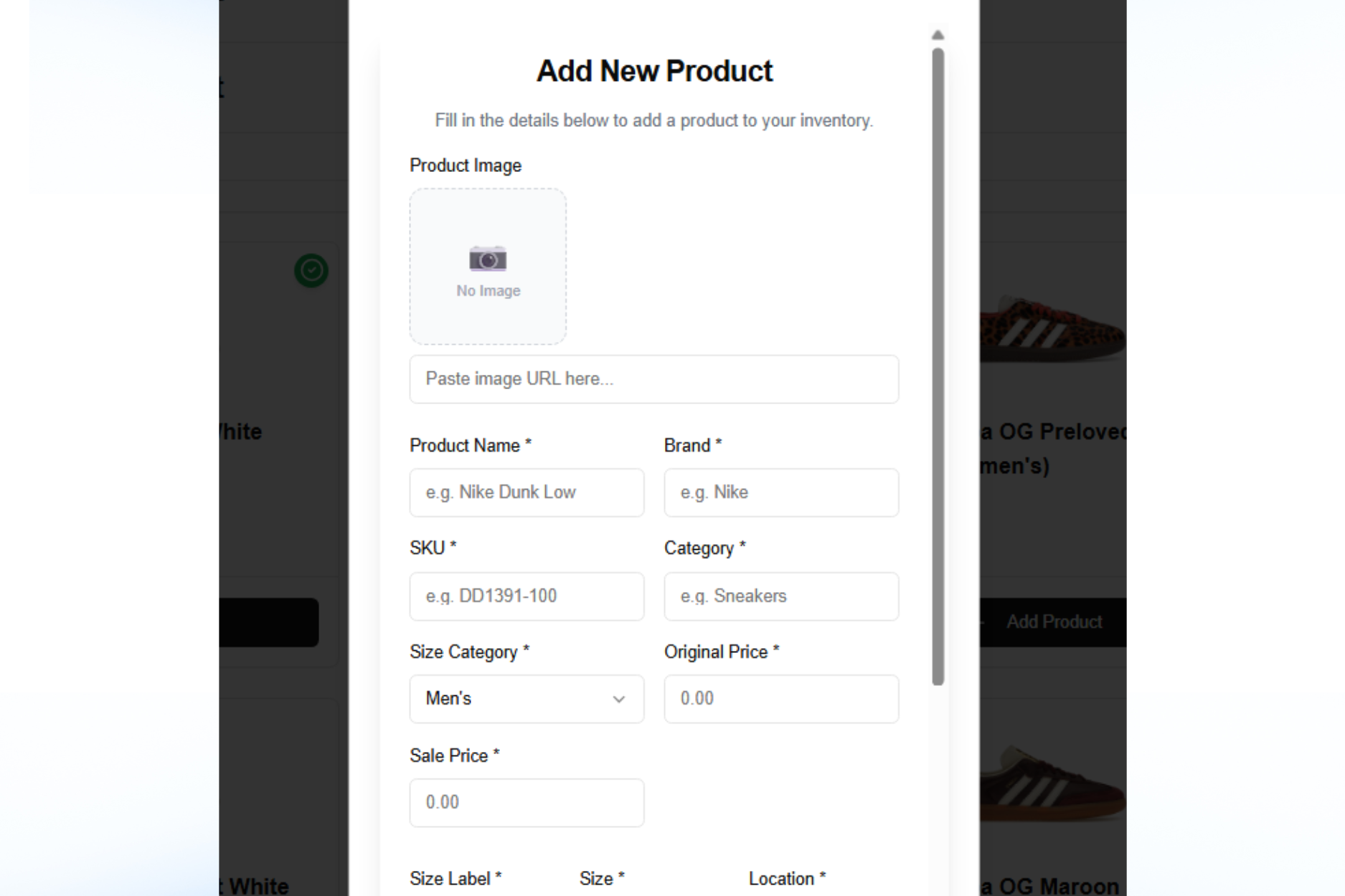 Manual Product Creation Interface